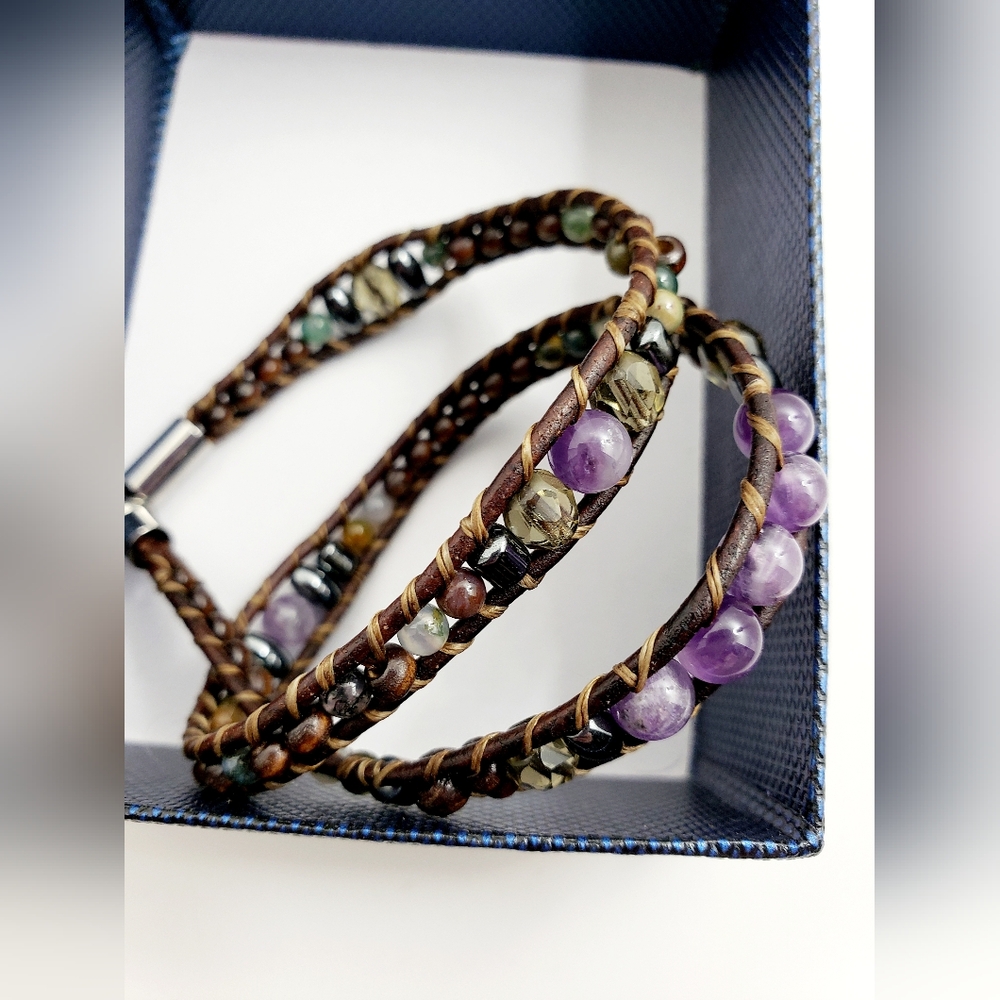 LEATHER WRAP Amethyst with Multi-Stones Bracelet - Magnetic Closure